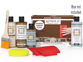 Retique It® Wood'n Finish Kit in Dark Oak for interior top coat application, featuring wood finish products in a box.