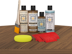 Retique It® Wood'n Finish Kit in Dark Oak for interior top coat, shown on a wooden table with applicator tools.