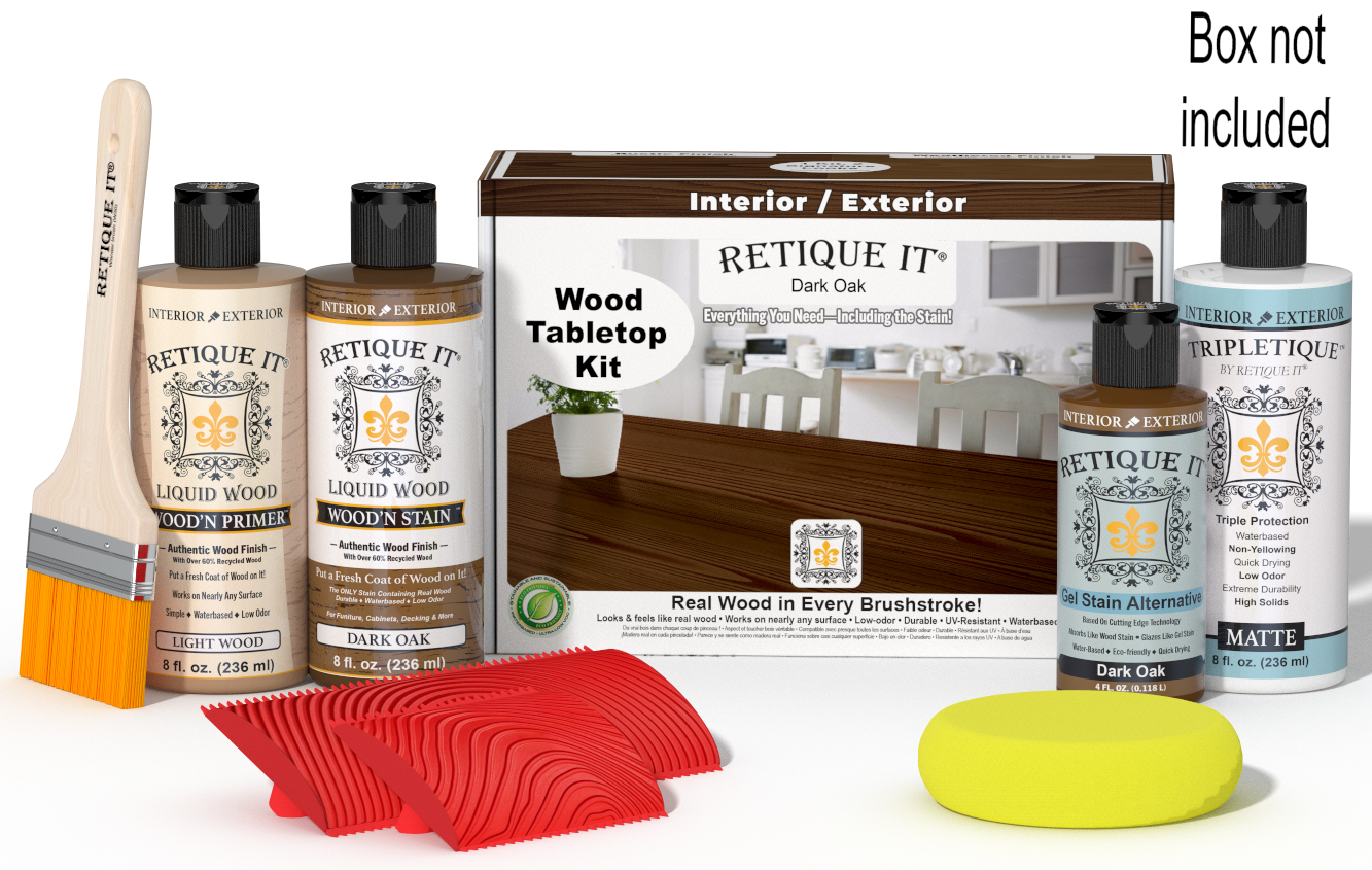 Retique It® Tabletop Wood'n Finish Kit in Dark Oak stain with application box, designed for wood finishing and refinishing projects.