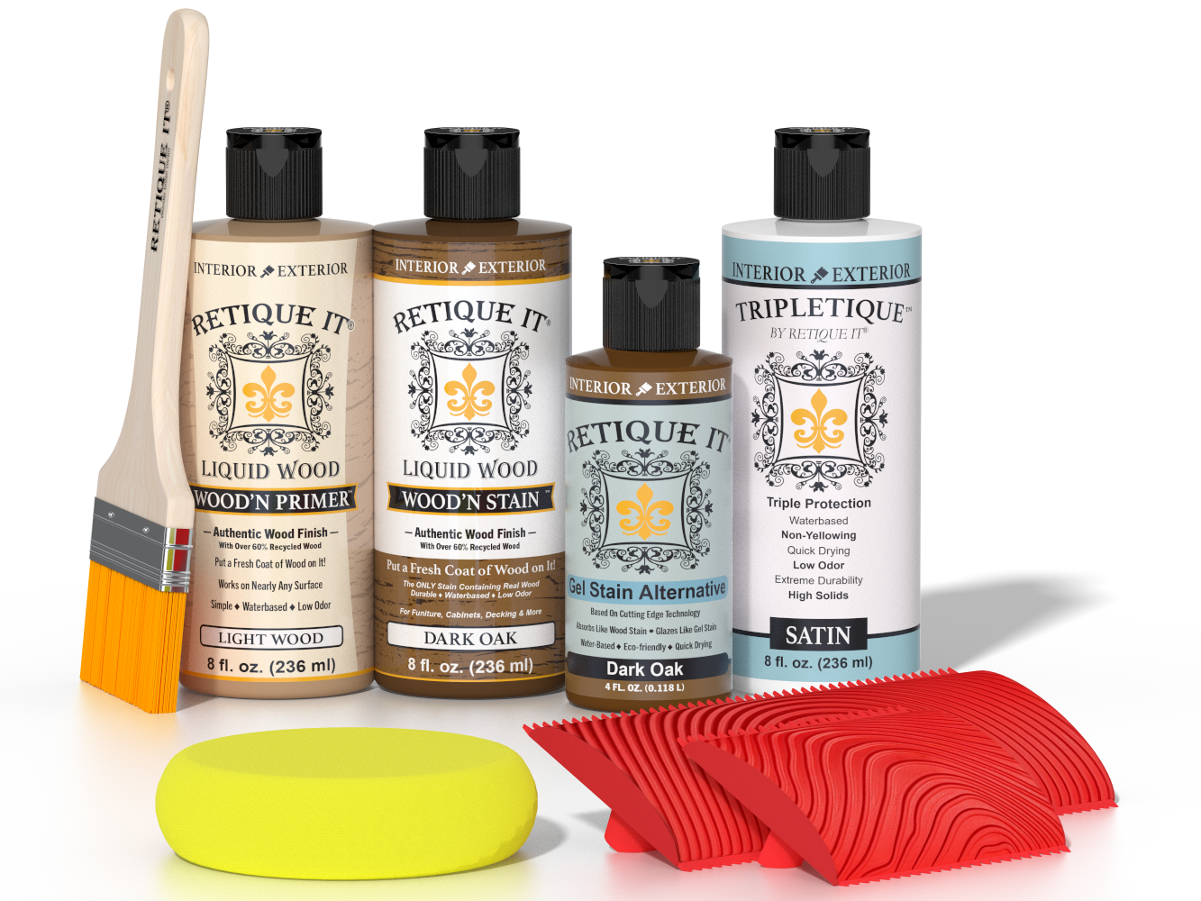 Retique It® Wood'n Kit in Dark Oak for interior use, featuring a multi-purpose finish and top coat application for wood surfaces.