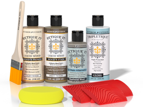 Retique It® Wood'n Finish Kit in Drift Wood for interior top coating, featuring wood finish application tools and sample swatches.
