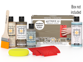 Retique It® Wood'n Finish Kit in Drift Wood for interior top coating, shown with included tools and product packaging.