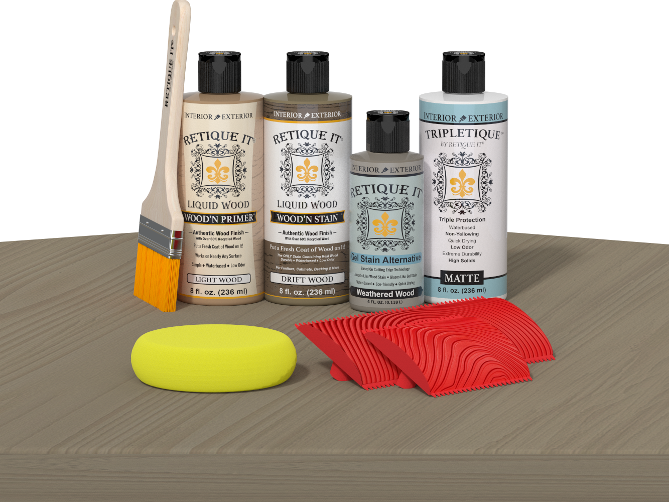 Retique It® Wood'n Finish Kit with driftwood interior top coat, showing a wood table surface with a natural driftwood finish.