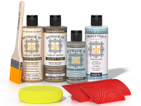 Retique It® Wood'n Finish Kit in Drift Wood with interior top coat, showing labeled components and application tools.