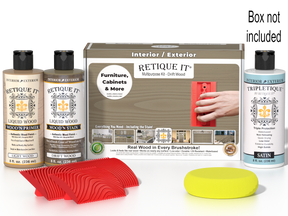 Retique It® Wood'n Finish Kit with driftwood color, containing interior top coat and tools for wood finishing projects.