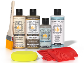 Retique It® Wood'n Finish Kit with driftwood interior top coat, featuring natural wood grain and finish application tools.