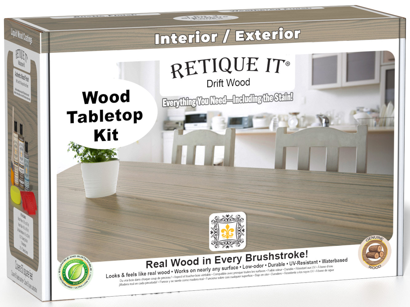 Retique It® Drift Wood Wood Tabletop Kit retail box featuring a Drift Wood tabletop finish and kitchen scene.
