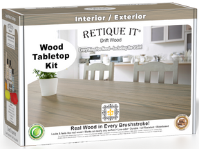 Retique It® Drift Wood Wood Tabletop Kit retail box featuring a Drift Wood tabletop finish and kitchen scene.