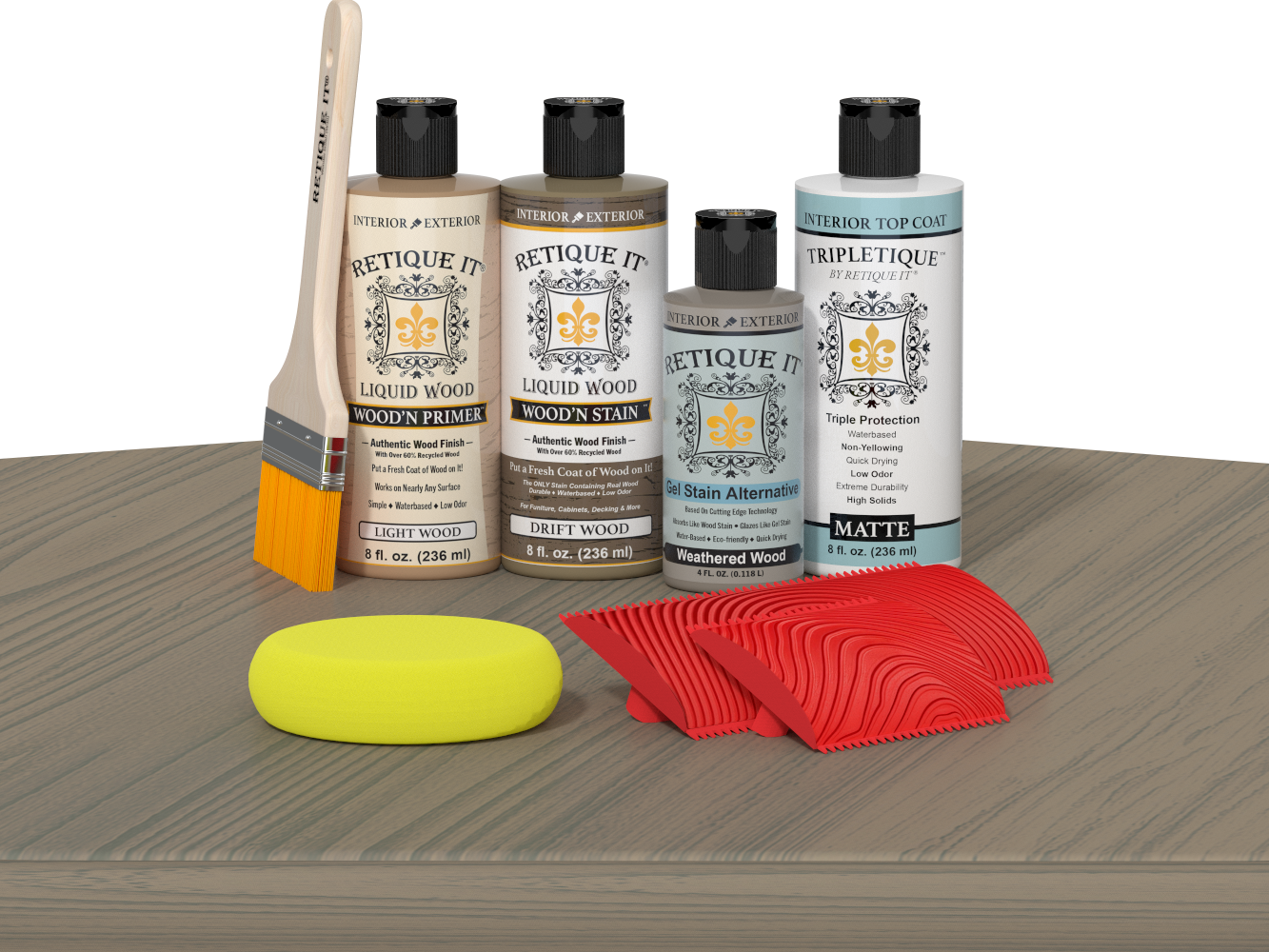 Retique It® Drift Wood Wood'n Kit with Matte TripleTique® includes a brush, Light Wood primer, Drift Wood stain, Weathered Wood Gel Stain Alternative, Matte TripleTique® top coat, a yellow sponge, and a red graining tool.