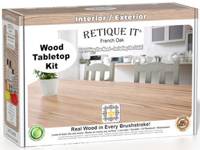 Retique It® Wood'n Finish Kit in French Oak for tabletops, featuring stain bottles and application tools in a wooden box.