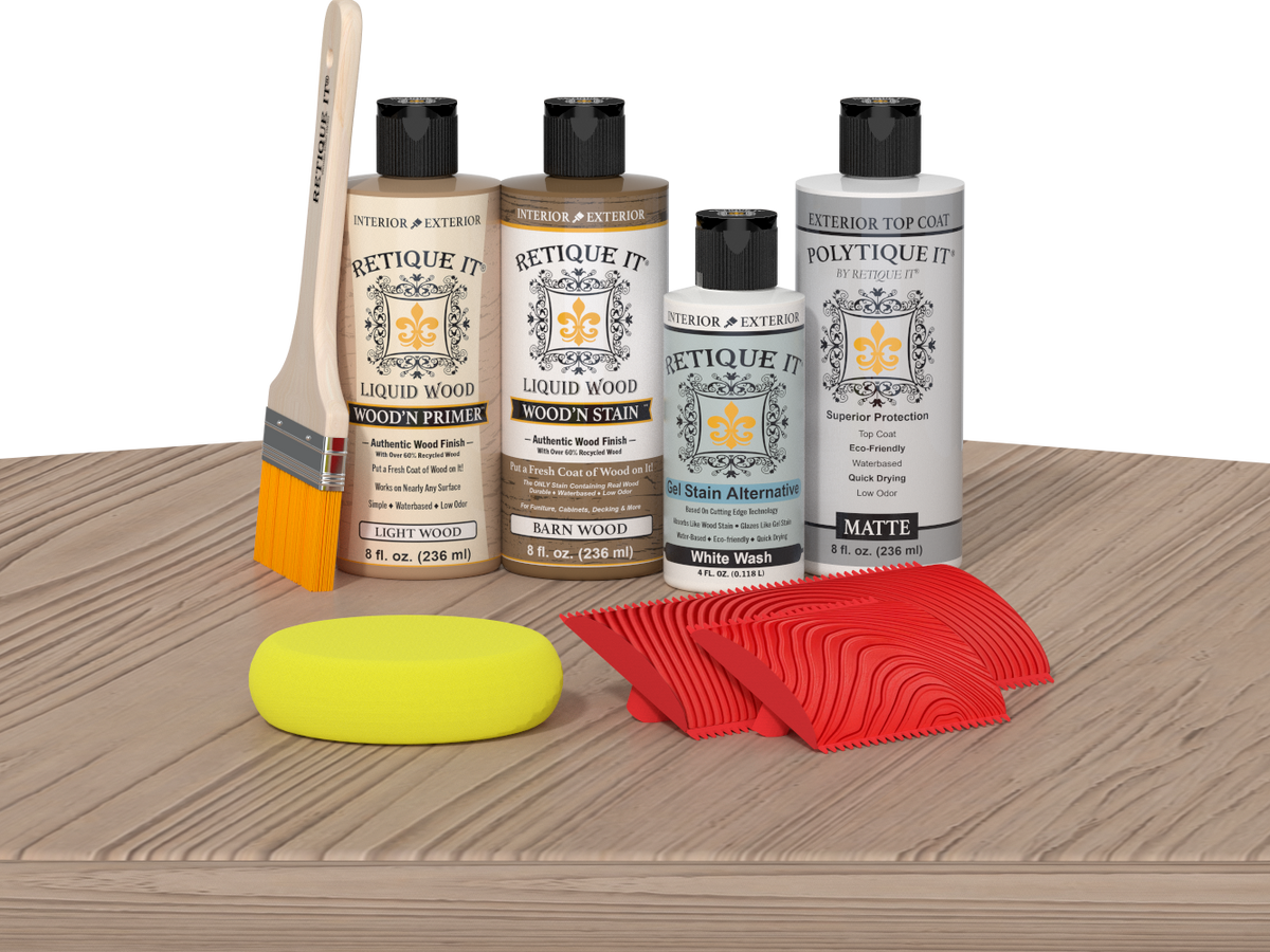 Retique It® Wood'n Finish Kit in French Oak for exterior top coating, featuring a wood finish kit with applicator on a table.