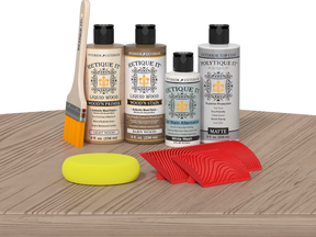 Retique It® Wood'n Finish Kit in French Oak for exterior top coating, featuring a wood finish kit with applicator on a table.