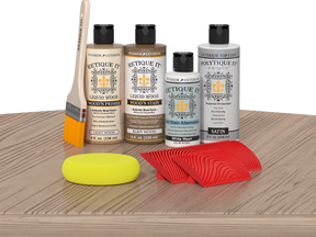 Multi-purpose Wood'n Kit French Oak exterior top coat by Retique It® with wood finish products on a table.