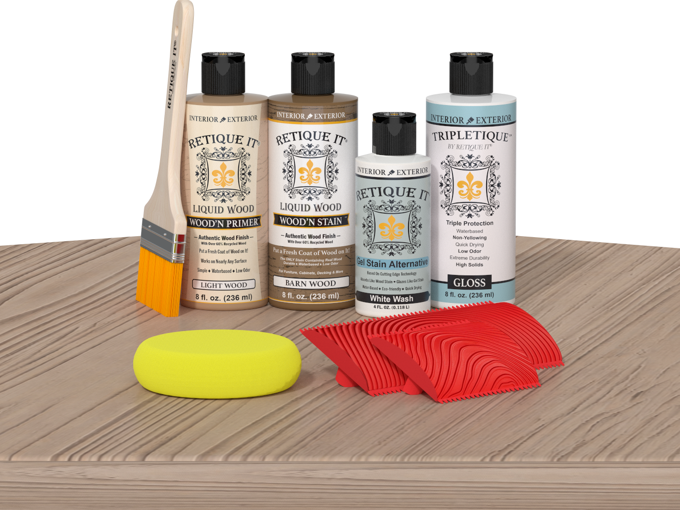 Retique It® Wood'n Finish Kit in French Oak for interior top coat, showing the kit components on a table.