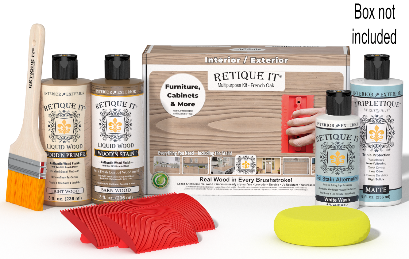 Retique It® Wood'n Finish Kit in French Oak, interior top coat with included application tools and wood finish products.