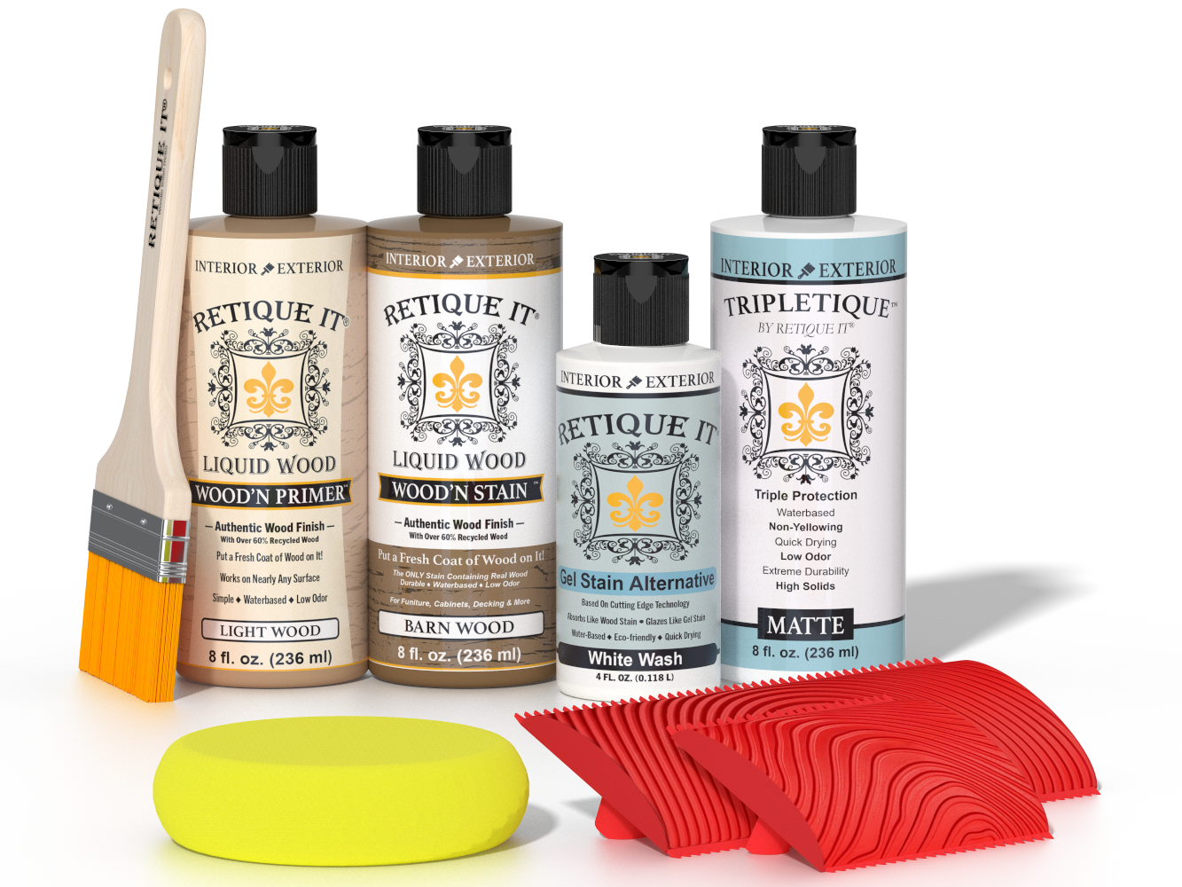 Retique It® Wood'n Finish Kit in French Oak, interior top coat with wood finish and application tools for multi-purpose wood projects.