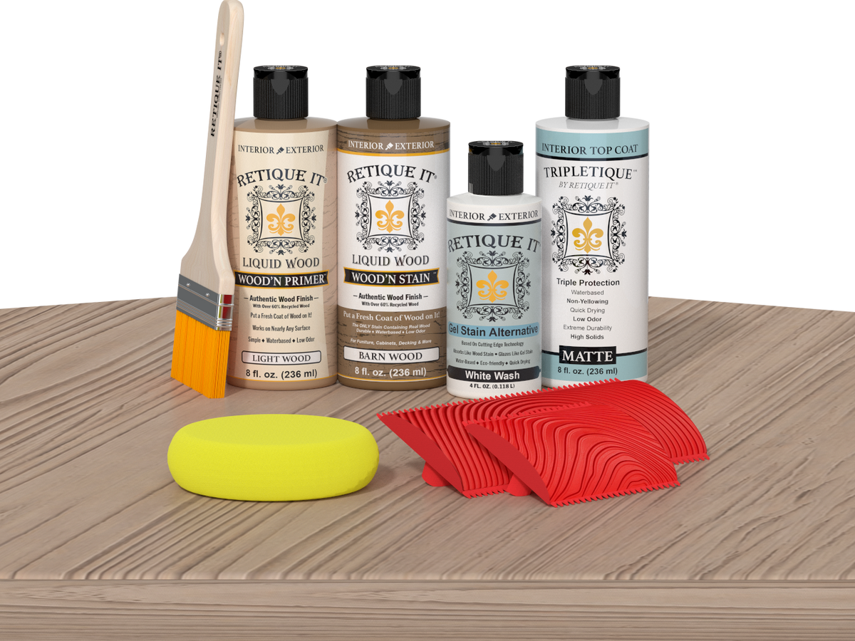 Retique It® French Oak Wood'n Kit with Light Wood primer, Barn Wood stain, White Wash gel stain alternative, Matte Tripletique® Top Coat, brush, red graining tool, and yellow sponge.
