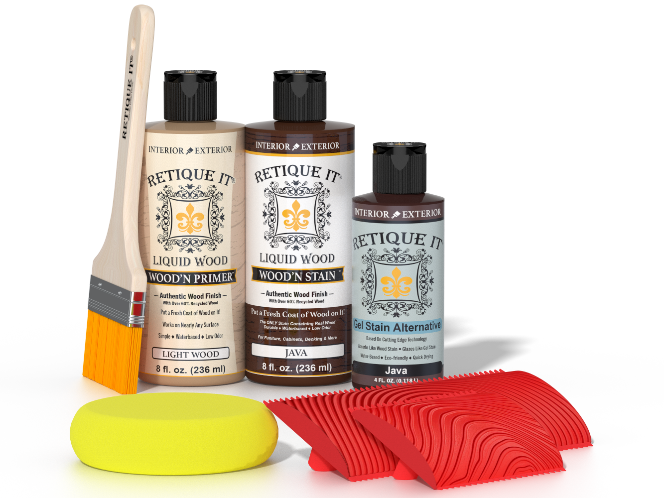 Retique It® Fireplace Mantel Wood'n Finish Kit in Java stain, featuring wood stain application tools on a neutral background.