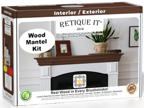 Retique It® Wood'n Finish Kit Java stain for fireplace mantels, featuring a box of stain bottles and application tools.