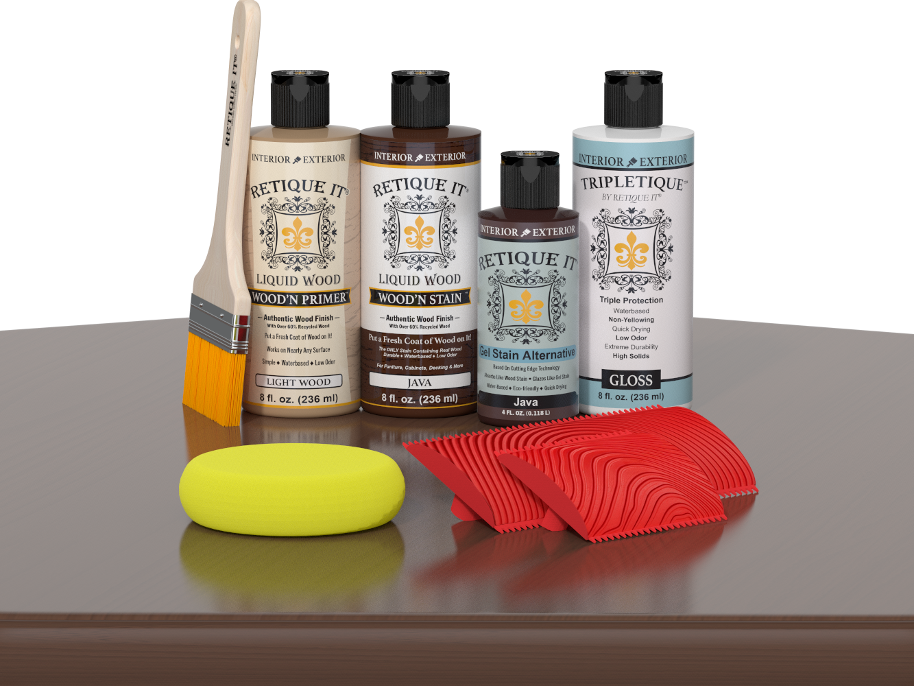 Retique It® Wood'n Kit Java interior top coat on a table, showcasing the multi-purpose wood finish application and smooth surface.