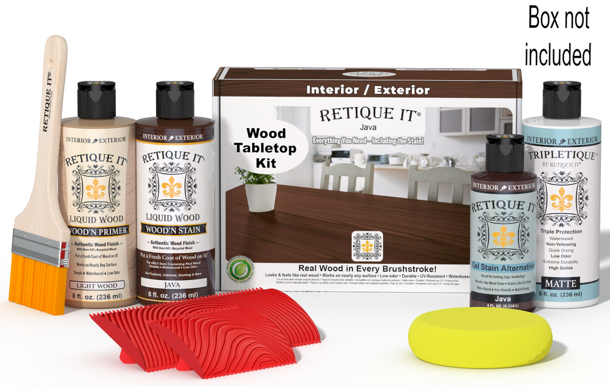 Retique It® Wood'n Finish Kit Java with stain bottles and applicator, designed for tabletop wood finishing and restoration.