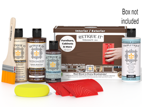 Retique It® Wood'n Kit Java interior top coat set with wood finish products in a box for wood surface protection and enhancement.