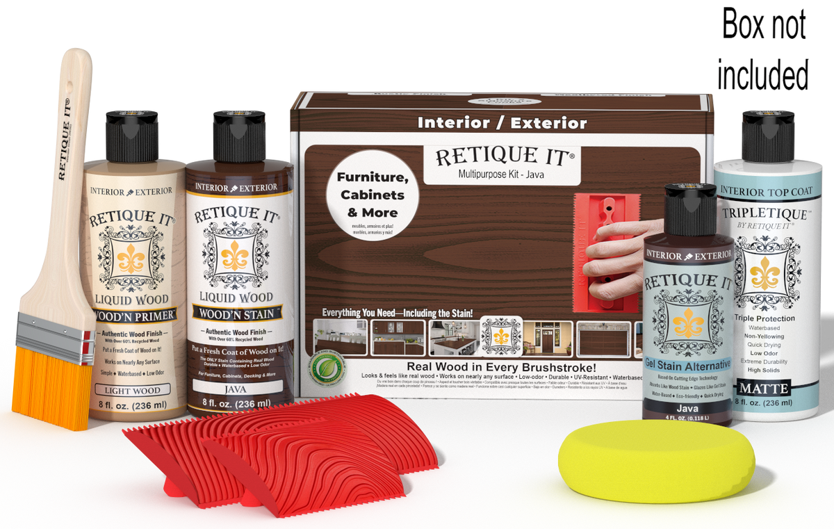 Retique It® Java Multipurpose Kit with Light Wood primer, Java stain, Java gel stain alternative, Matte Tripletique® Top Coat, brush, red graining tool, yellow sponge, and product box.