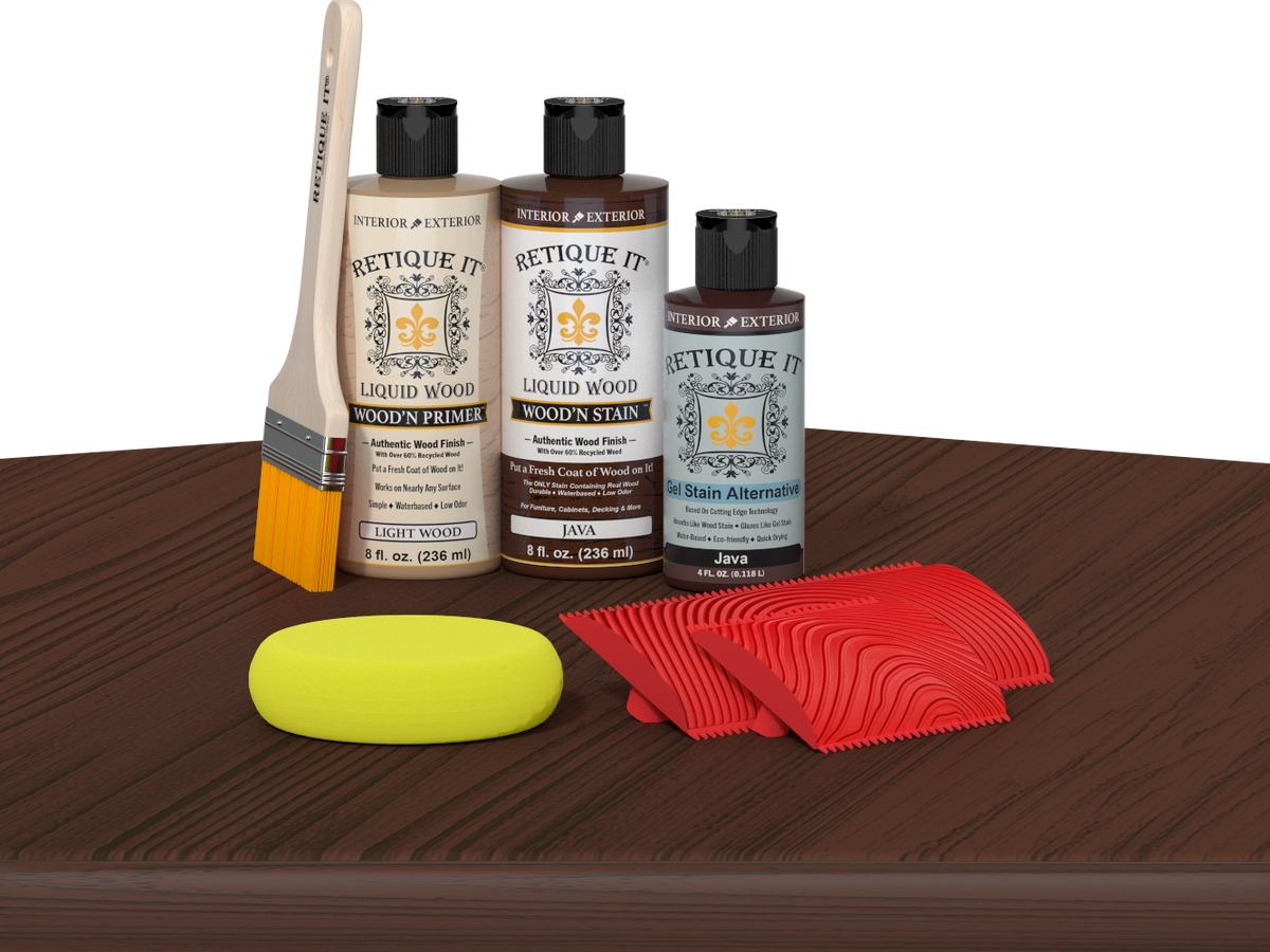 Retique It® Wood'n Finish Kit Java on table, multi-purpose wood finishing kit with applicator and wood stain components.