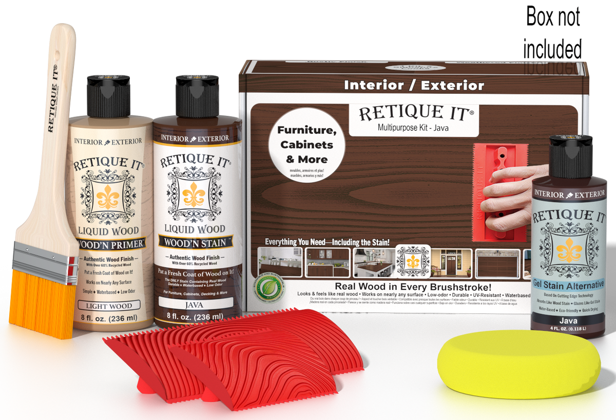 Retique It® Multi-purpose Wood'n Kit Java with wood finish supplies and applicator included, ideal for furniture refinishing.