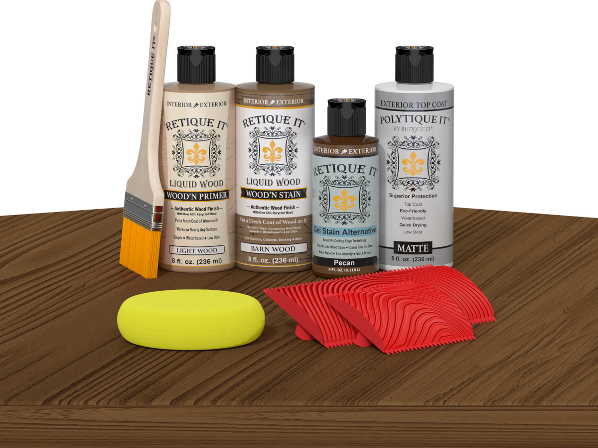 Retique It® Wood'n Kit Multi-purpose Modern Walnut exterior topcoat with a wood finish kit displayed on a table.