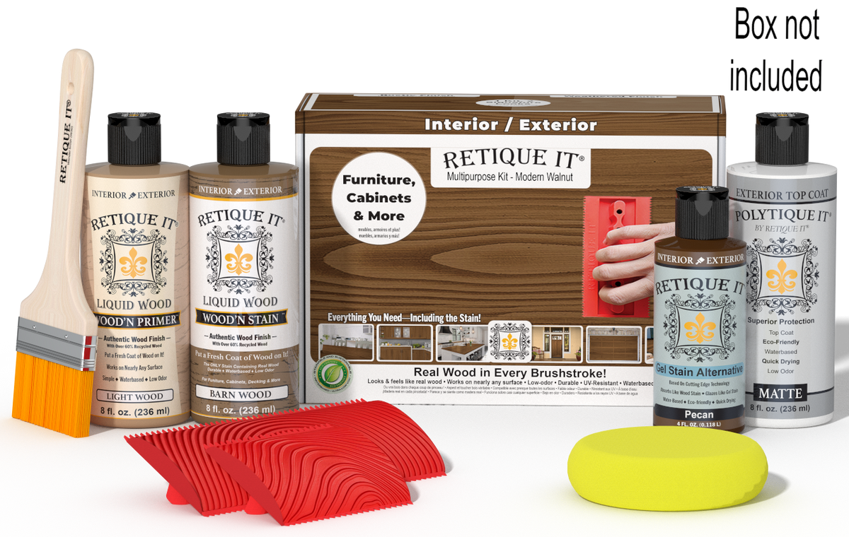 Retique It® Wood'n Finish Kit in modern walnut with exterior topcoat, featuring wood finish products and application tools in a box.