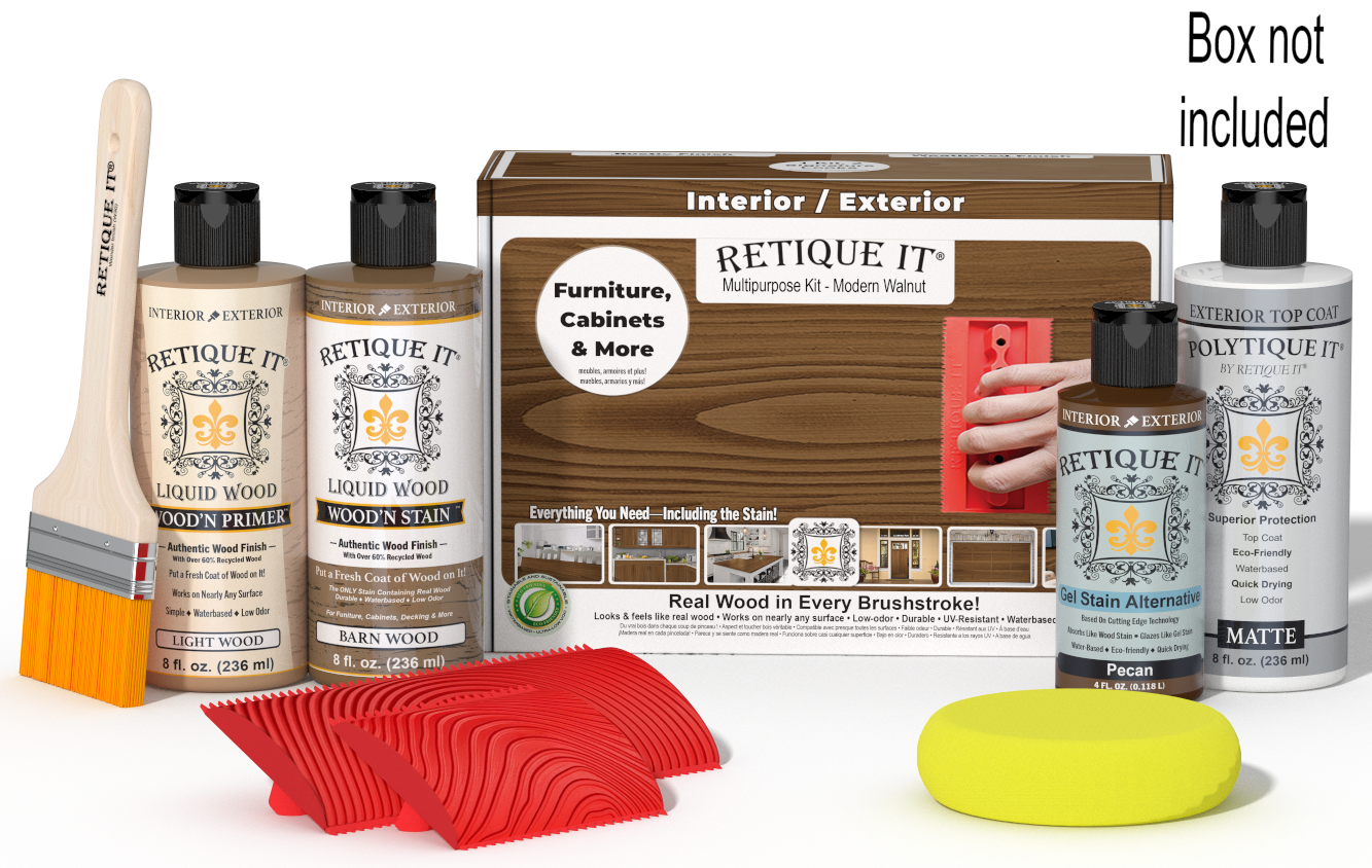 Retique It® Wood'n Finish Kit in modern walnut with exterior topcoat, featuring wood finish products and application tools in a box.