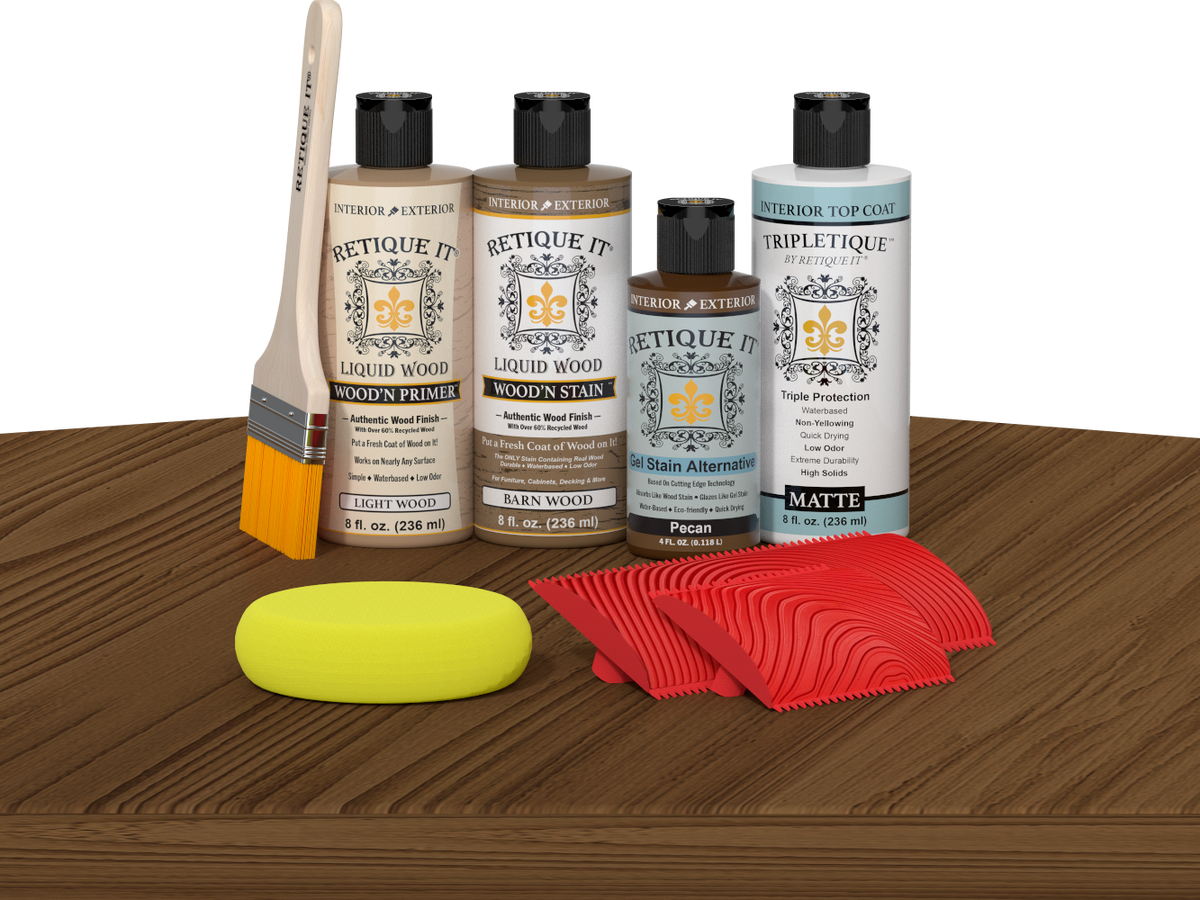 Retique It® Medium Walnut Wood'n Kit with Light Wood primer, Barn Wood stain, Pecan gel stain alternative, Matte Tripletique® Top Coat, brush, red graining tool, and yellow sponge.