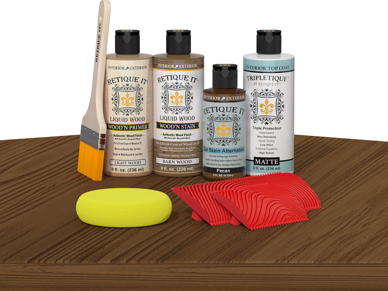 Retique It® Barn Wood Wood'n Kit with Light Wood Primer, Barn Wood Wood'n Stain, Matte TripleTique Top Coat, Pecan Gel Stain Alternative, yellow sponge, red graining tool, and brush.