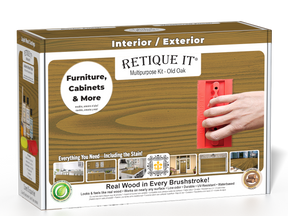 Retique It Wood'n Finish Kit in Old Oak, a multi-purpose wood finishing kit with wood stain and sealant in a compact box.