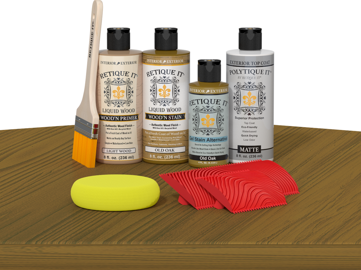 Retique ItÂ® Wood'n Finish Kit in Old Oak for exterior top coating, showing the multi-purpose wood finish kit on a table.