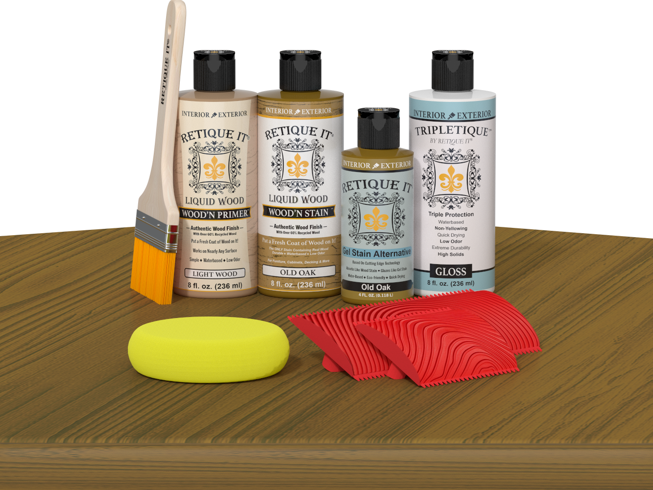 Retique It® Wood'n Finish Kit in Old Oak stain displayed on a table, showcasing natural wood color and finish for furniture projects.