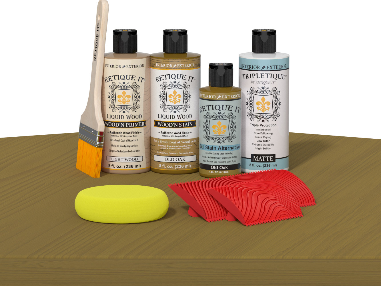Retique It® Wood'n Finish Kit in Old Oak, interior top coat applied to a wooden table surface, showcasing natural wood grain.