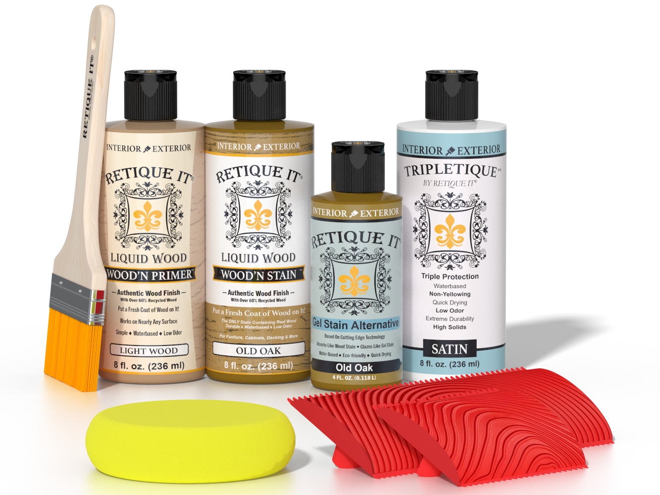 Retique It® Wood'n Finish Kit in Old Oak with interior top coat, includes wood finish and application tools for furniture and decor.