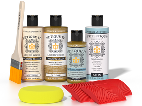 Retique It® Wood'n Finish Kit in Old Oak with interior top coat, includes wood finish and application tools for furniture and decor.