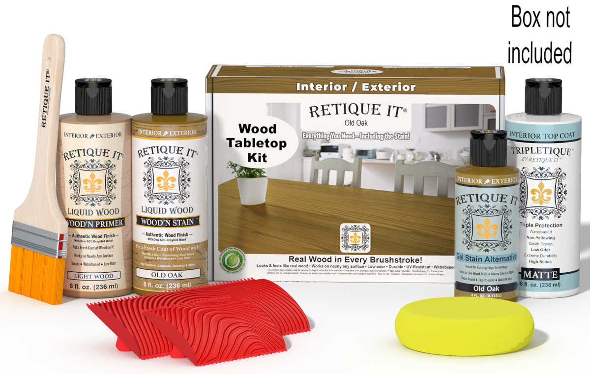 Retique It® Old Oak Wood Tabletop Kit with Light Wood primer, Old Oak stain, Old Oak gel stain alternative, Matte Tripletique® Top Coat, brush, red graining tool, yellow sponge, and product box.