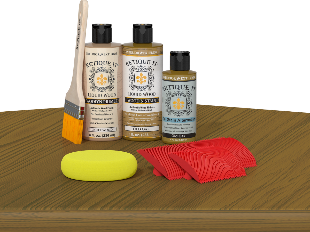 Retique It® Wood'n Finish Kit in Old Oak, multi-purpose wood finishing kit displayed on a table with wood samples.