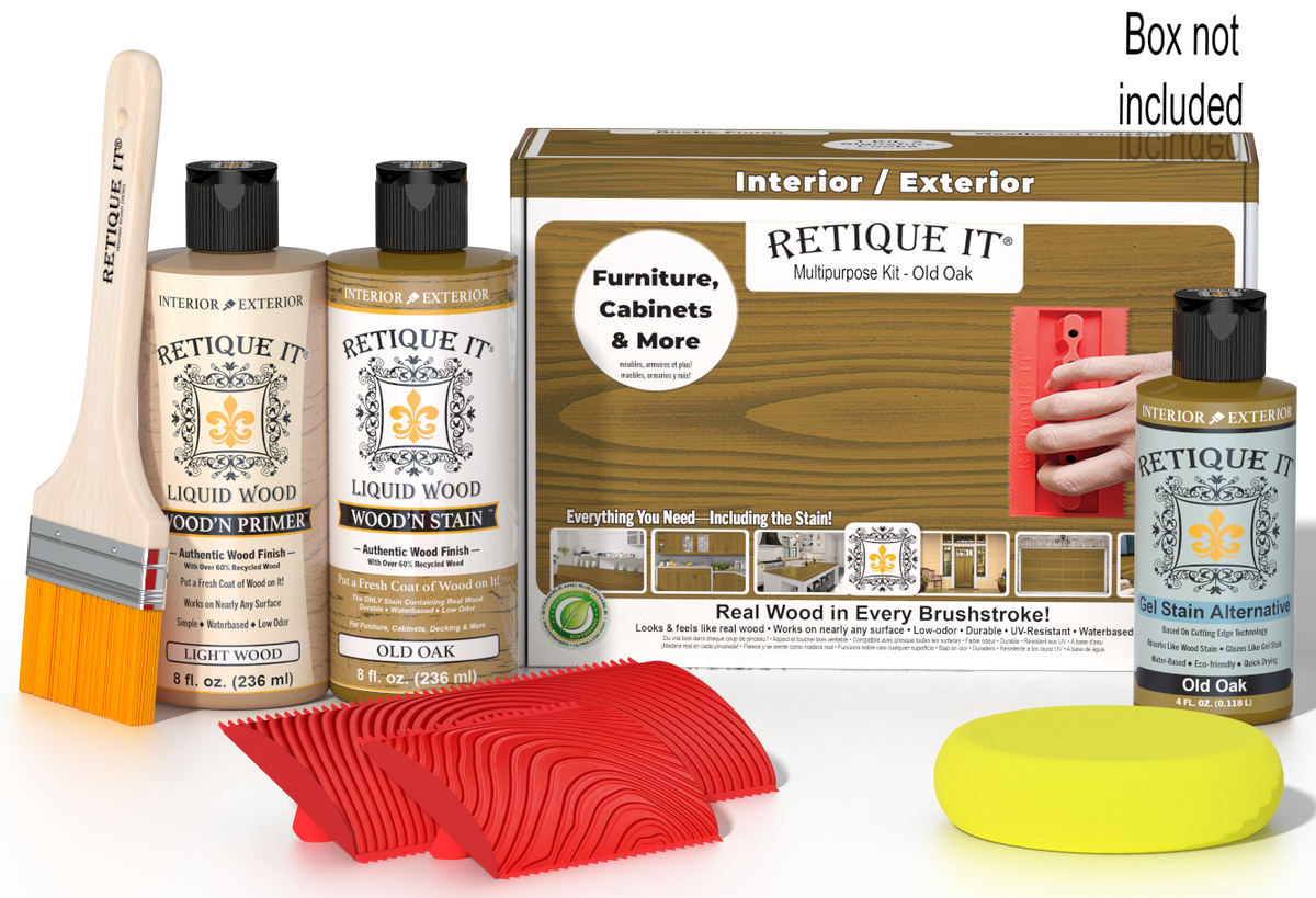 Retique It® Wood'n Finish Kit in Old Oak, a versatile wood finishing set with brushes and tools for furniture restoration.