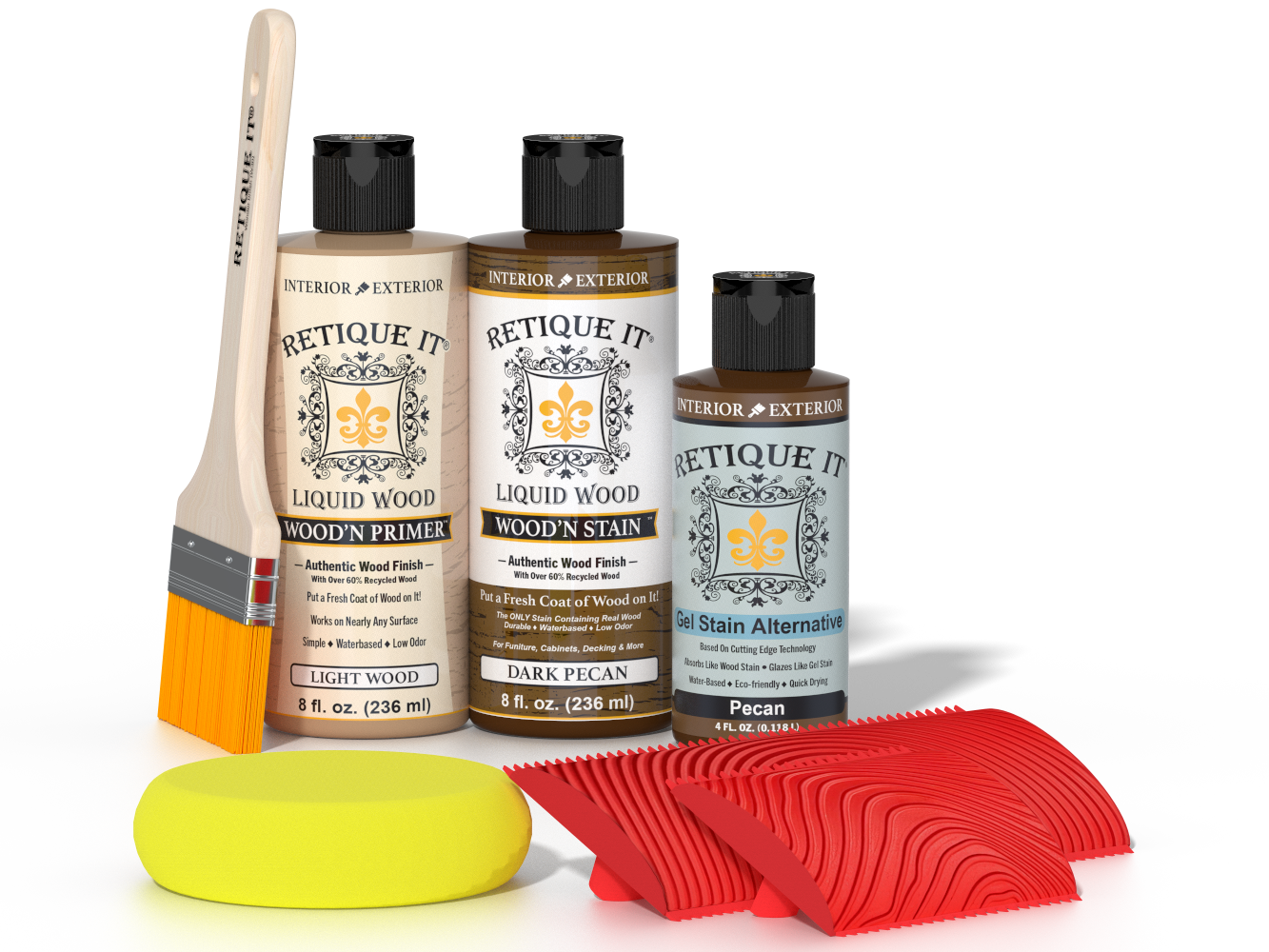 Dark Pecan Wood'n Finish Kit by Retique It® for multi-purpose wood finishing, shown in a 3D product image with application tools.