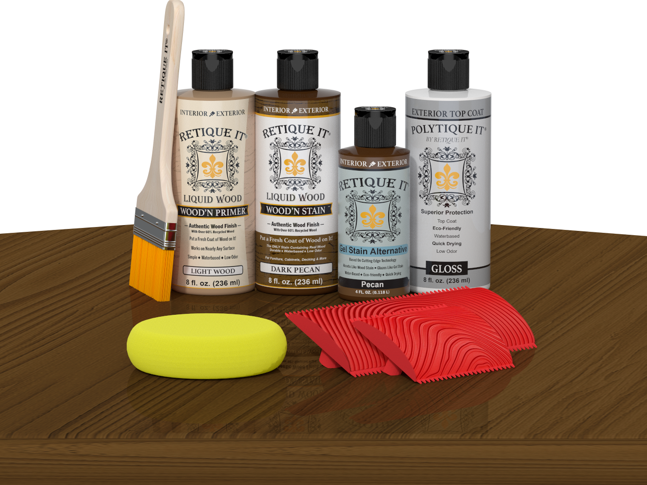 Retique ItÂ® Wood'n Finish Kit in Dark Pecan, exterior top coat with wood finish and application tools on a table.