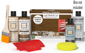 Retique ItÂ® Wood'n Kit in Dark Pecan with exterior top coat, includes application tools and finish for wood projects.