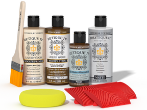 Retique ItÂ® Wood'n Finish Kit in Dark Pecan with exterior top coat, featuring wood stain and finish products on a kit palette.