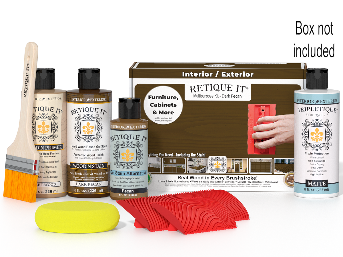 Retique It® Wood'n Finish Kit in Dark Pecan for interior wood projects, includes top coat and application tools in a boxed set.