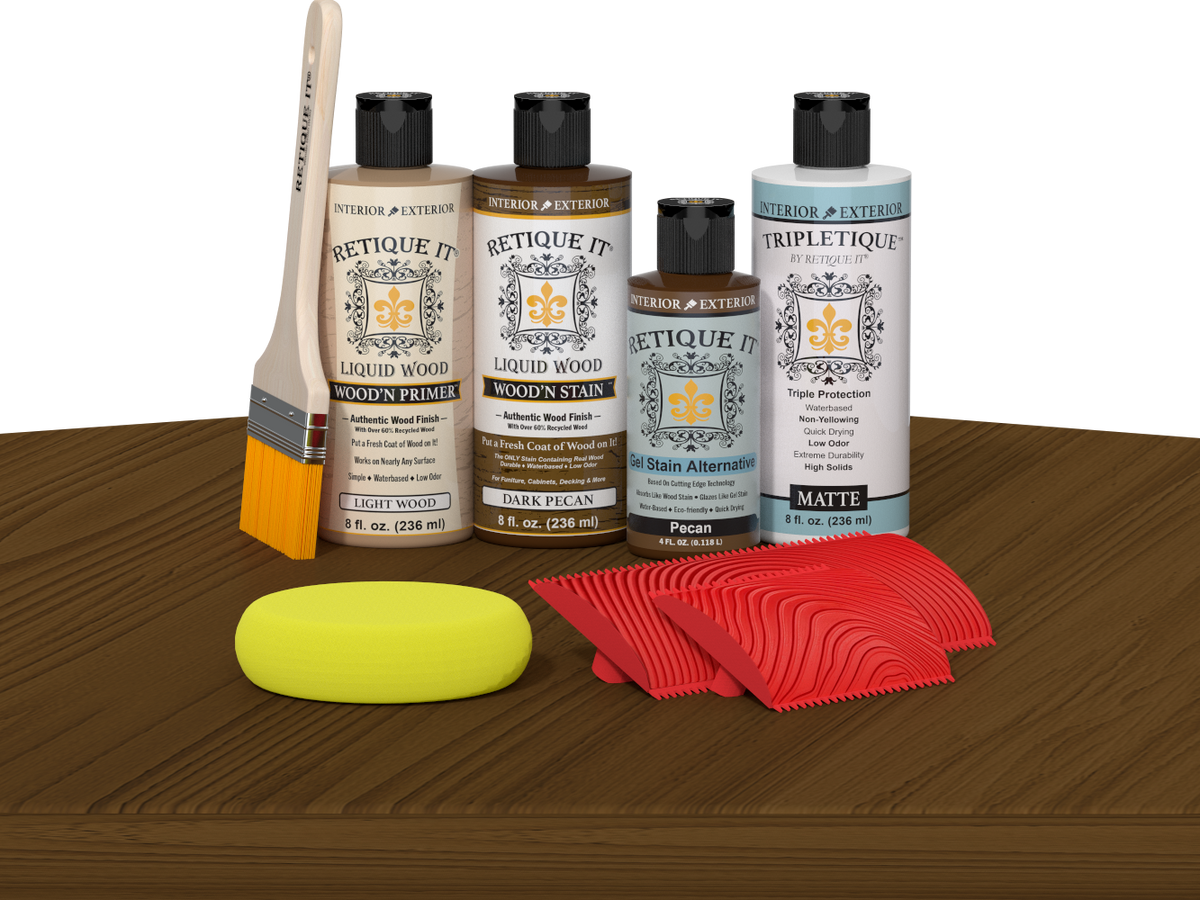 Retique It® Wood'n Finish Kit in Dark Pecan stain, showcasing the stain color and application on a tabletop surface.