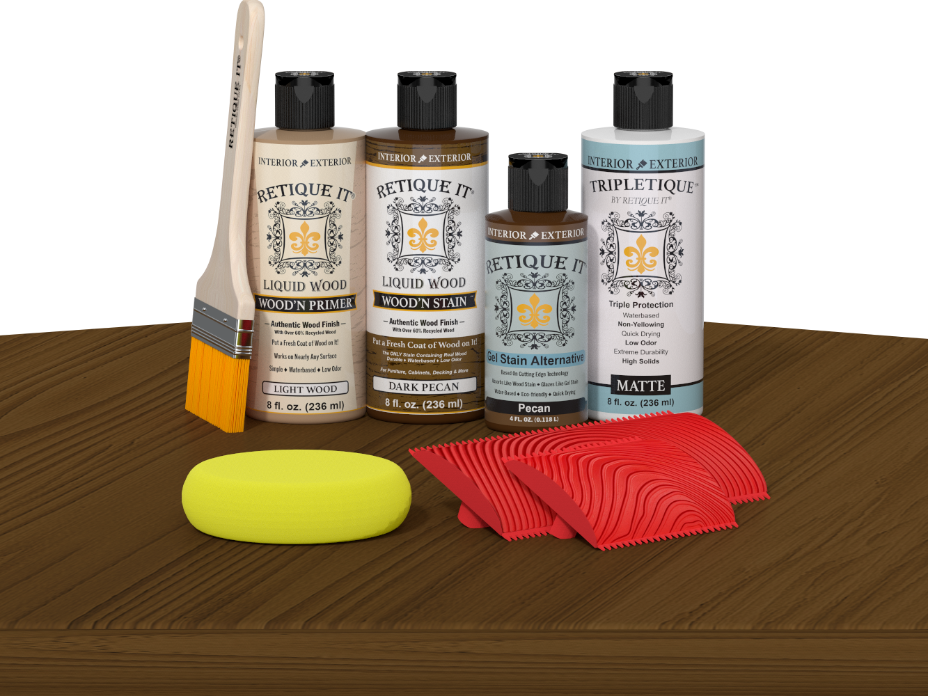 Retique It® Wood'n Finish Kit in Dark Pecan stain, showcasing the stain color and application on a tabletop surface.